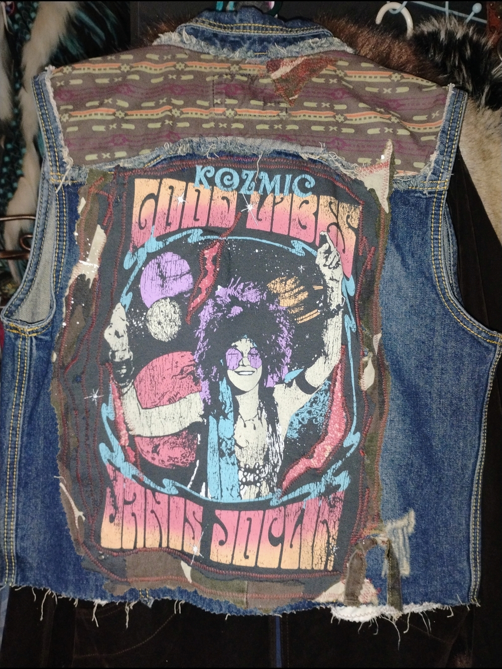 Vintage Rock Graphic Denim Vest - Multicolor Psychedelic Patch